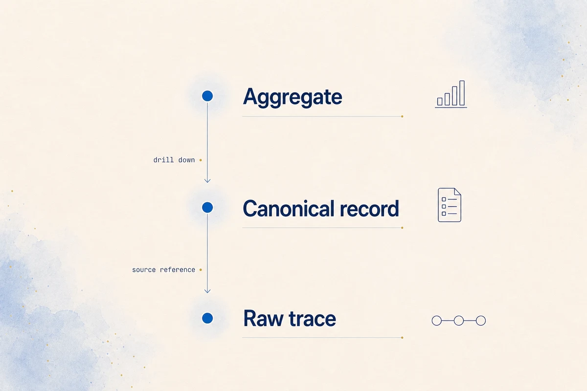 Evidence lineage from an aggregate metric through a canonical trace and span record to the exact raw trace events